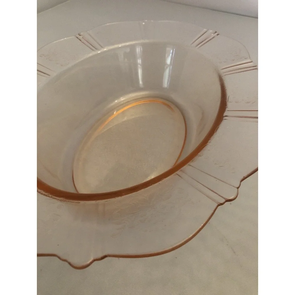 Vintage Peach Light Pink Round Depression Glass Serving Bowl Etched Floral 11x 8